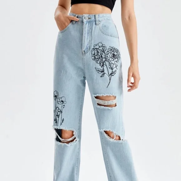 Floral Graphic Light Wash Ripped Jeans - Picture 1 of 3
